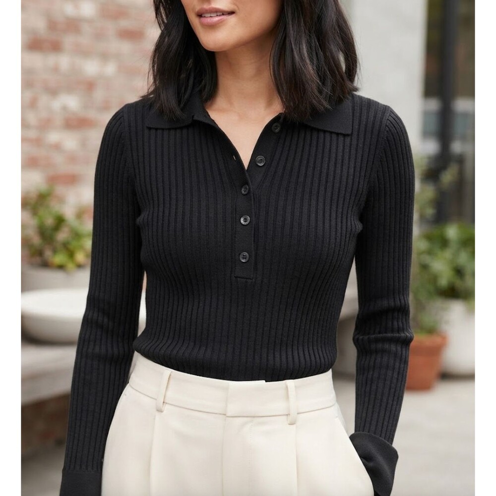Athleta Sweet Bay Henley Womens Medium Black Ribbed Knit Button Collar Top